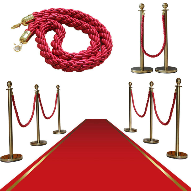 2x Polished Steel Queue Rope Barrier Post Stand Stanchion + 1.5m Rope ...