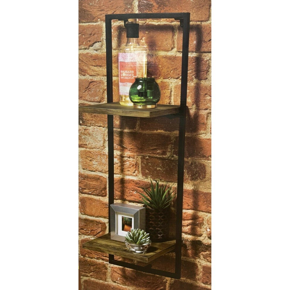 Narrow 2 Tier Shelf Black Metal Frame With Wooden Shelf Floating Wall Home Decor 5060772248586