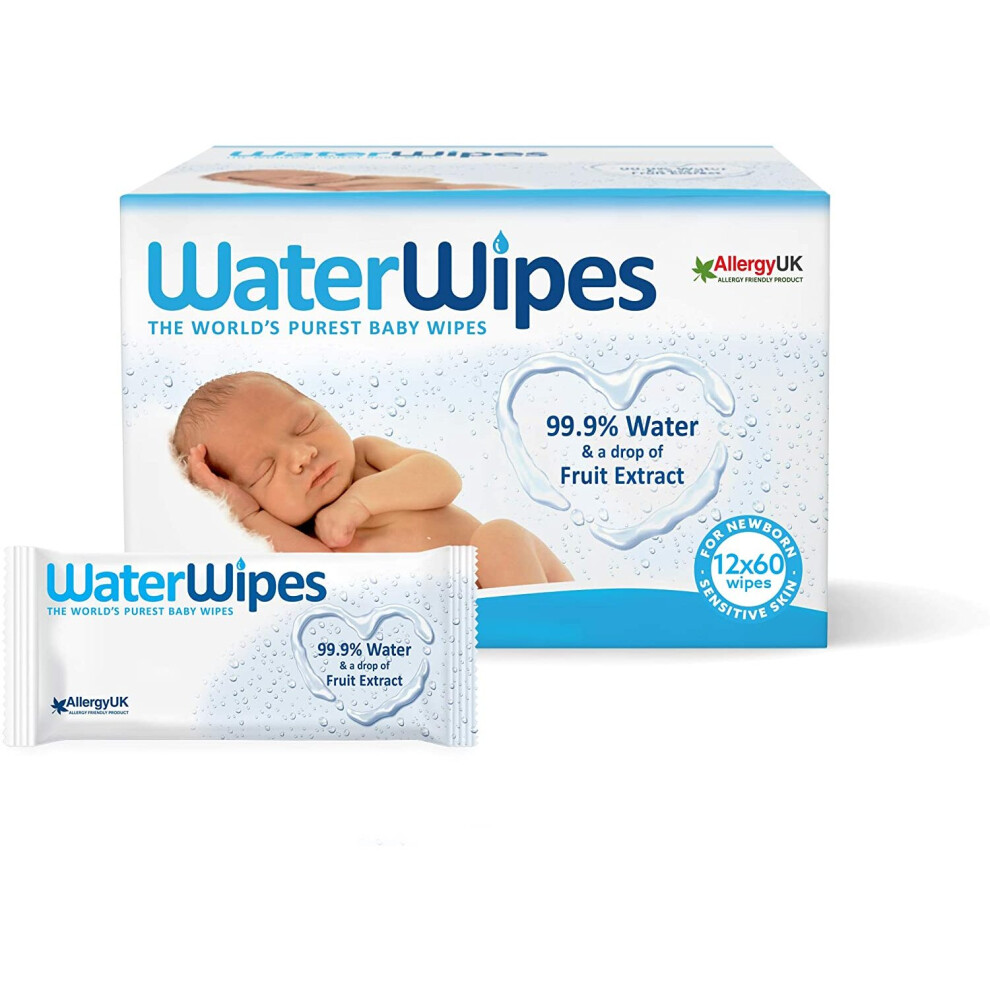 WaterWipes Baby Wipes, 99.9% Water, Unscented, Sensitive, Newborn Skin, 720 Wet Wipes (12 Packs of 60 Wipes)