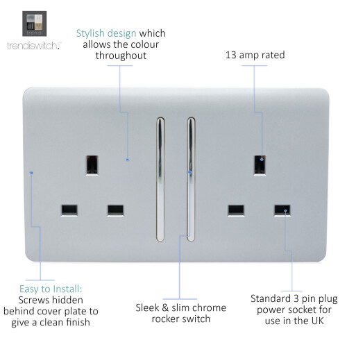 Trendi Switch Trendi Switch 2 Gang Artistic Modern Glossy 13 Amp Electrical Long Switched Plug Socket Silver 1