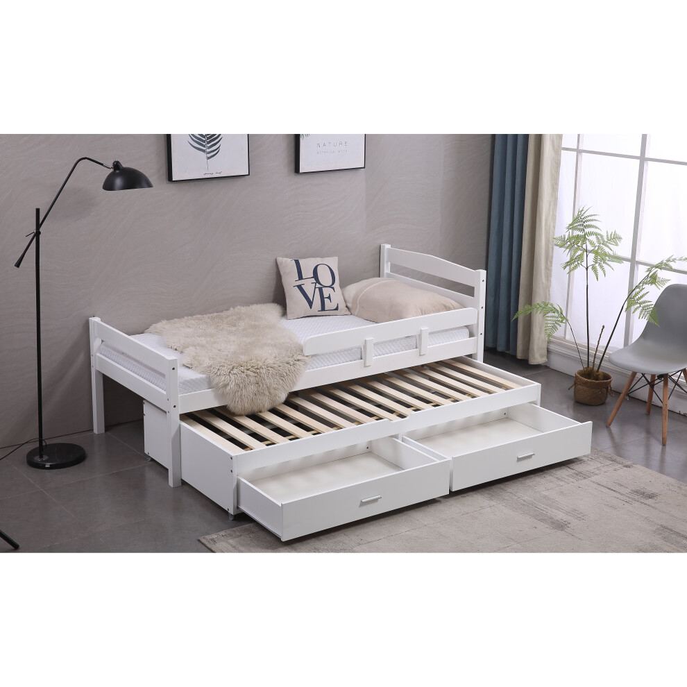 (White) Children's Captain Bed with Trundle and Drawers