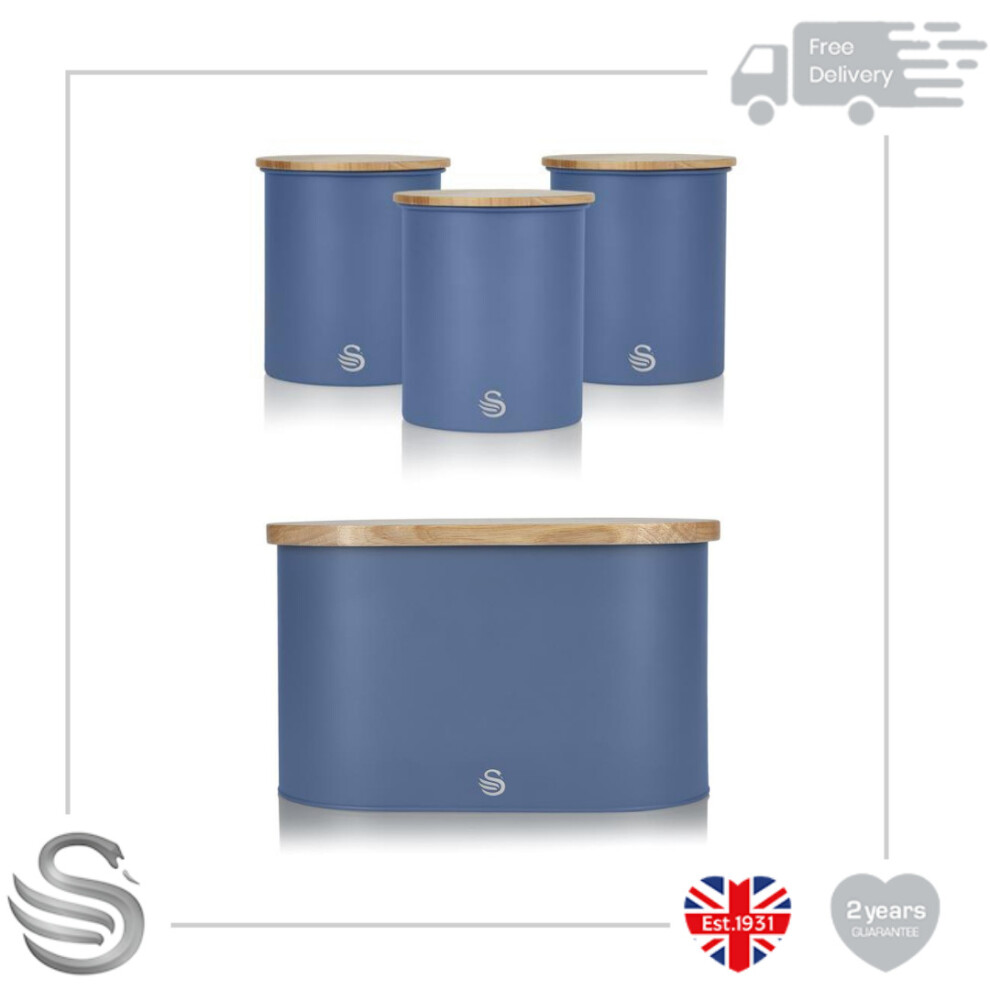 Swan Nordic Bread Bin Bamboo Cutting Board Lid & 3 Storage Canisters Set Steel