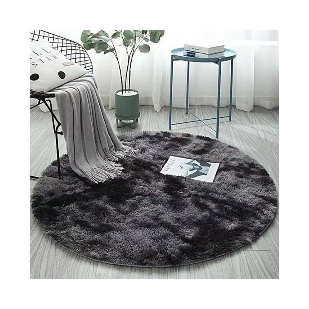 (Dark Grey, 100*100CM) Anti Slip Circle Round Shaggy Fluffy Rug Living Room Bedroom Carpet Floor Mat
