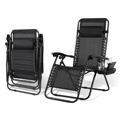 Sun Lounger Zero Gravity Chair Foldable with Cup Holder & Head Cushion 1