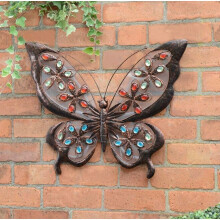 Solar Powered Jewelled Butterfly Wall Art with LED Light - Auto On at Dusk, Metal Garden Decor G-0112