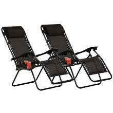 Sun Lounger Garden Chairs With Cup Holder - Deck Folding Recliner Zero Gravity Outdoor Chair - 2 Chairs in Black