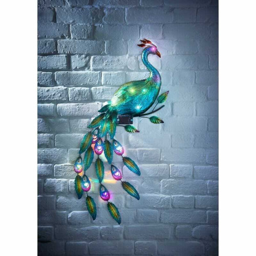 Spot On Dealz 12 Multi Coloured LED Light Solar Powered Gems Peacock Wall Art G-0254
