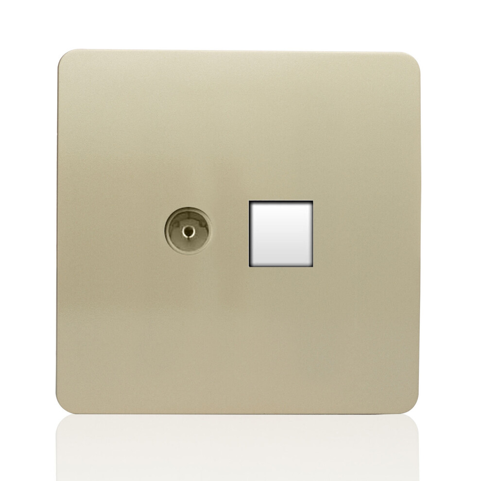 Trendi Modern Glossy TV Co-axial Socket + RJ45 Cat 5e & Cat 6 PC Ethernet Socket Champagne Gold