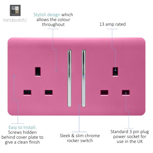 Trendi Switch Trendi 2 Gang Artistic Modern Glossy 13 Amp Plug Socket Pink (3 Pack) 2