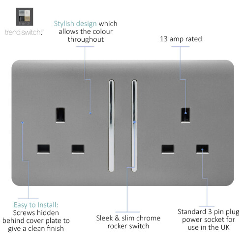 Trendi Switch Trendi 2 Gang Artistic Modern Glossy 13 Amp Switched  Plug Socket Light Grey (3 Pack) 2