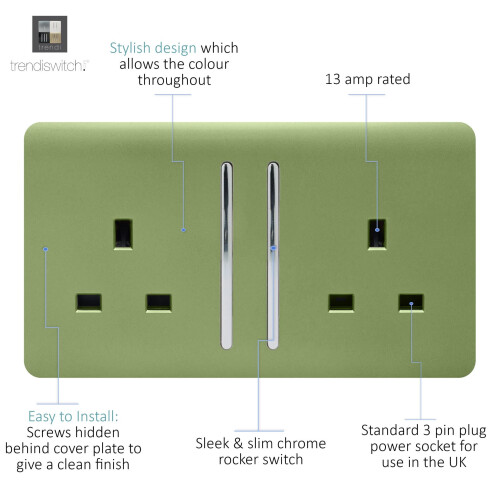 Trendi Switch Trendi 2 Gang 13 Amp Long Switched Plug Socket Moss Green (3 Pack) 2
