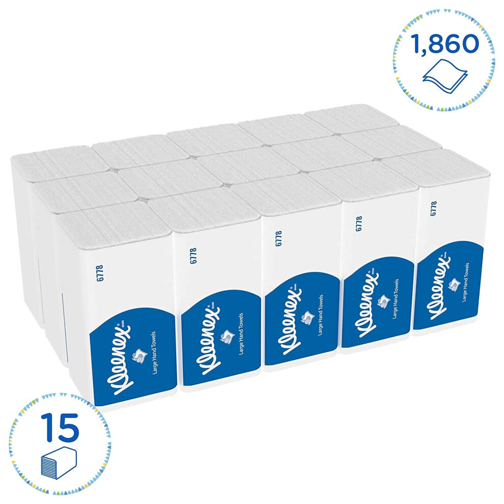 Kleenex Large Interfold 2 Ply V Fold Paper Towels - 15 Packs X 124 Paper Hand Towels (1,860 Total) White
