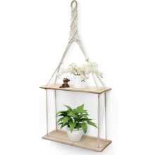 GEEZY 2 Tier Rope Hanging Shelf Wooden Boho Bedroom Decor Plant Display Storage Rack