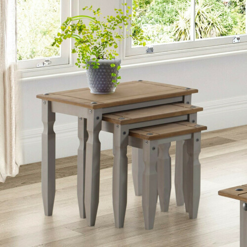 Corona Grey Wax Piccolo Nest of 3 Tables Solid Wood Pine Wooden