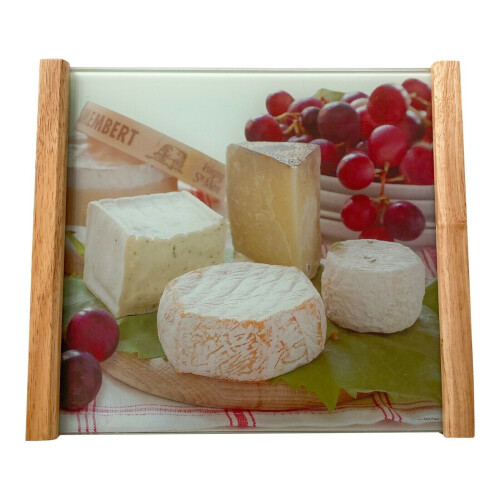 Glass Serving Tray With Wooden Handles Cheese & Grapes Design