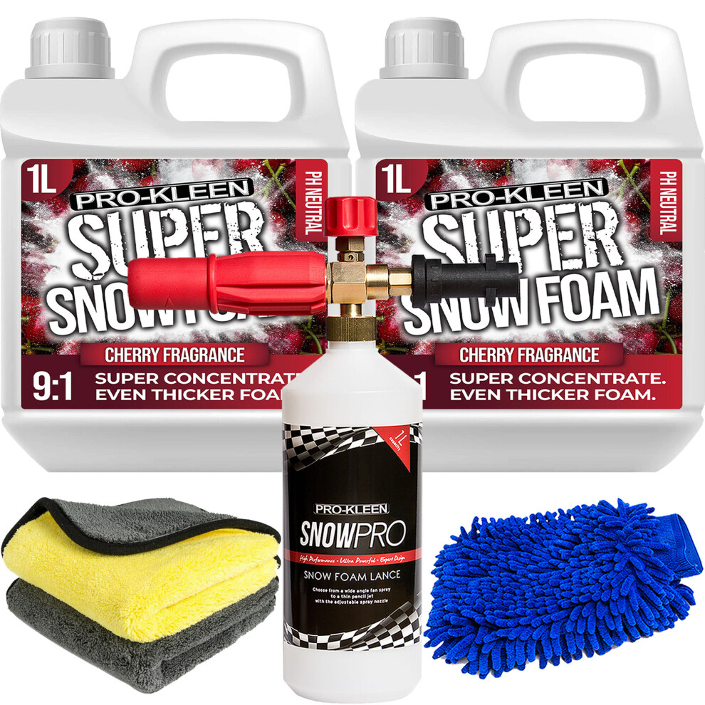 Pro-Kleen (Cherry 2 X 1L, 1 X Karcher Lance, Mitt & 2 Cloths) Super Concentrate Snow Foam Car Shampoo Kits