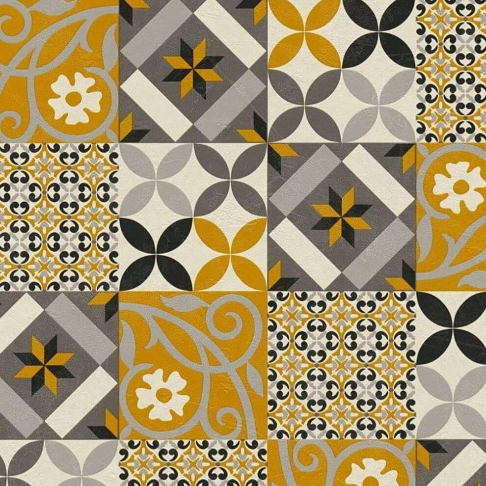 Moroccan Tile Effect Wallpaper AS Creation Yellow Black Grey Mosaic Vinyl