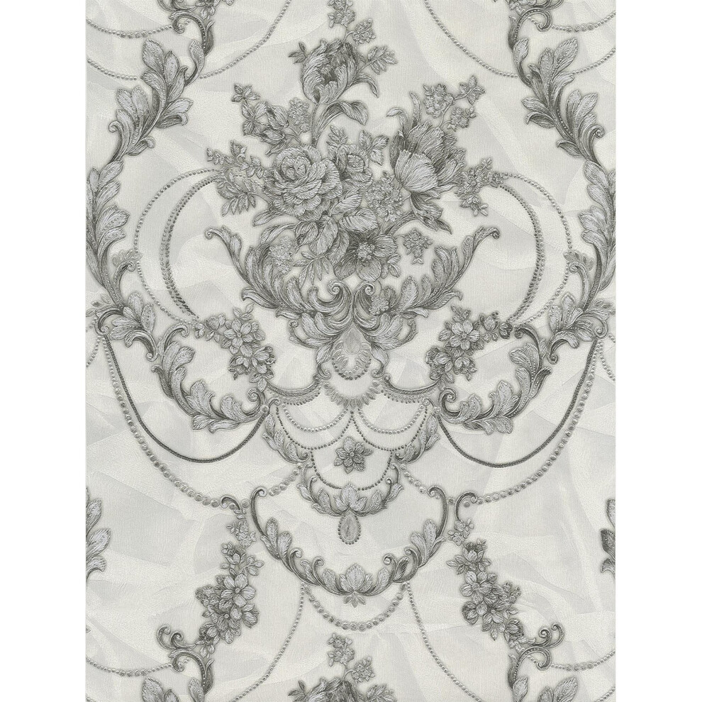 Debona Perla Floral Damask Wallpaper Textured Vinyl Metallic Glitter Silver
