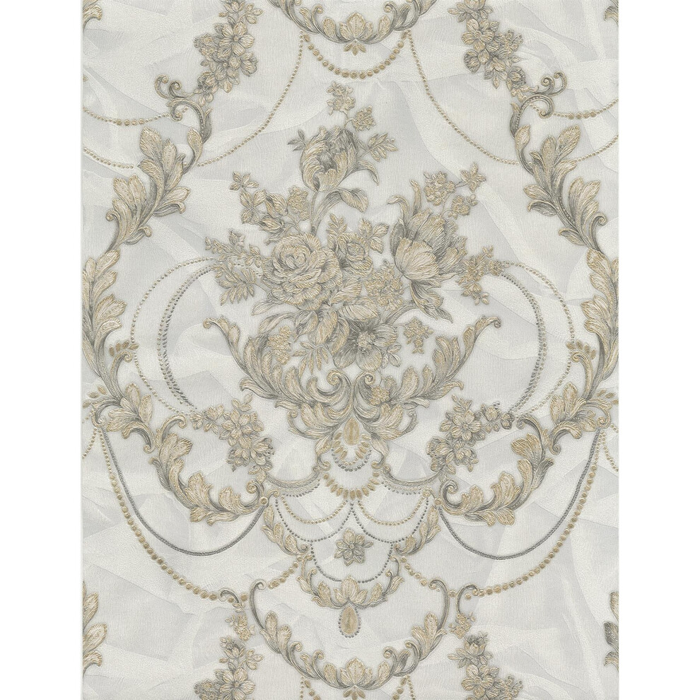 Debona Perla Floral Damask Wallpaper Textured Vinyl Natural Metallic Glitter