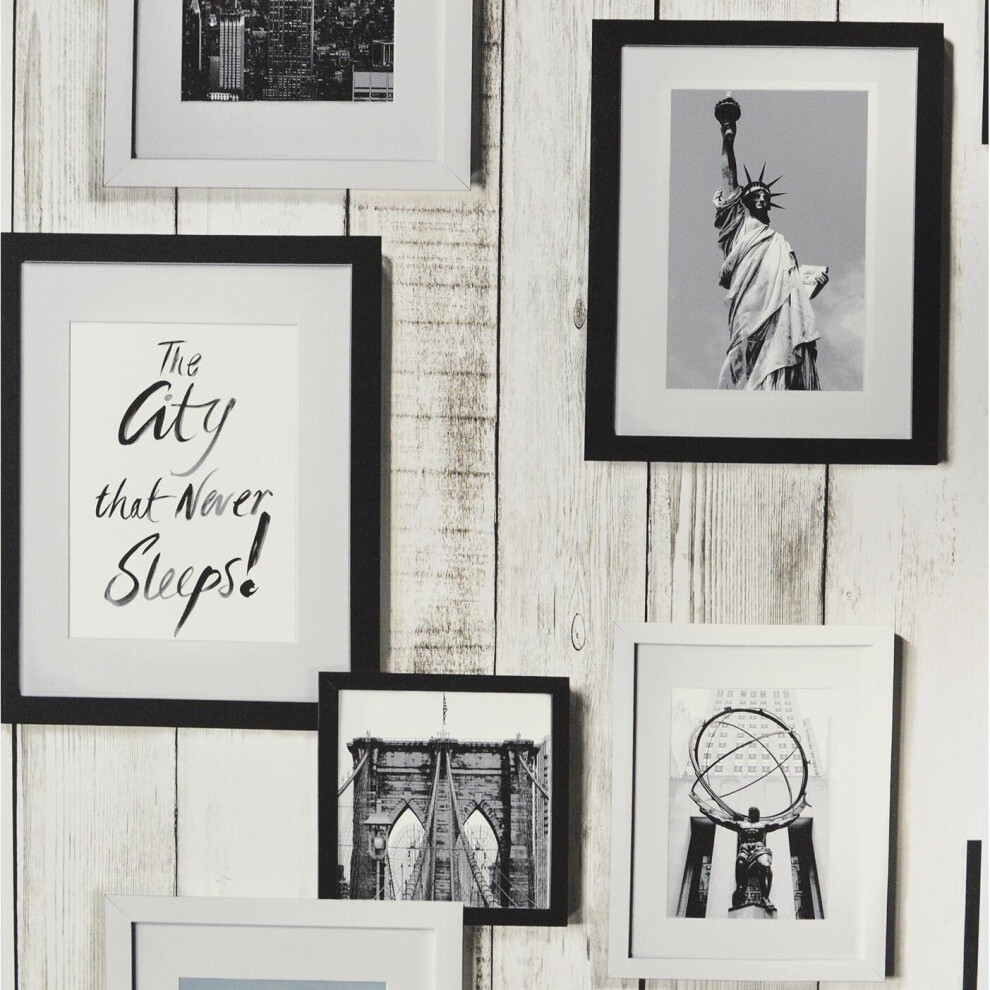 New York Photo Frame Wallpaper Grandeco White Wood Effect Vinyl