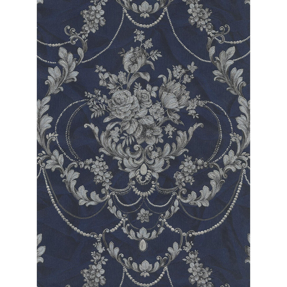Debona Perla Floral Damask Wallpaper Textured Vinyl Navy Metallic Glitter