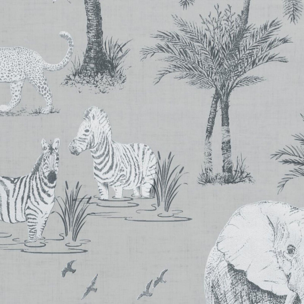 Safari Lagoon Themed Wallpaper Grey Zebra Tiger Elephant Smooth Finish