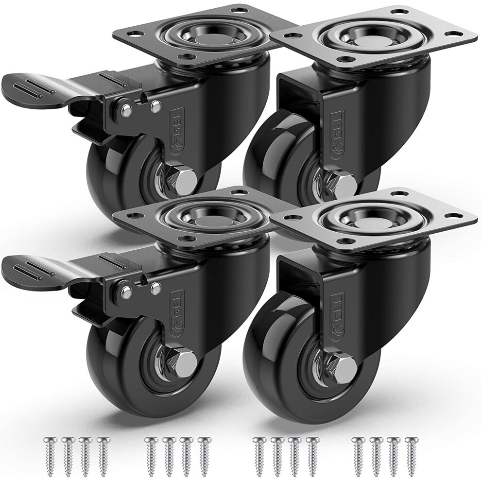 GBL - Castor Wheels 50mm + Screws 200KG | 4 Moving Caster Wheels with Brake Heavy Duty Swivel Wheels for Furniture - Trolley Wheels with PU