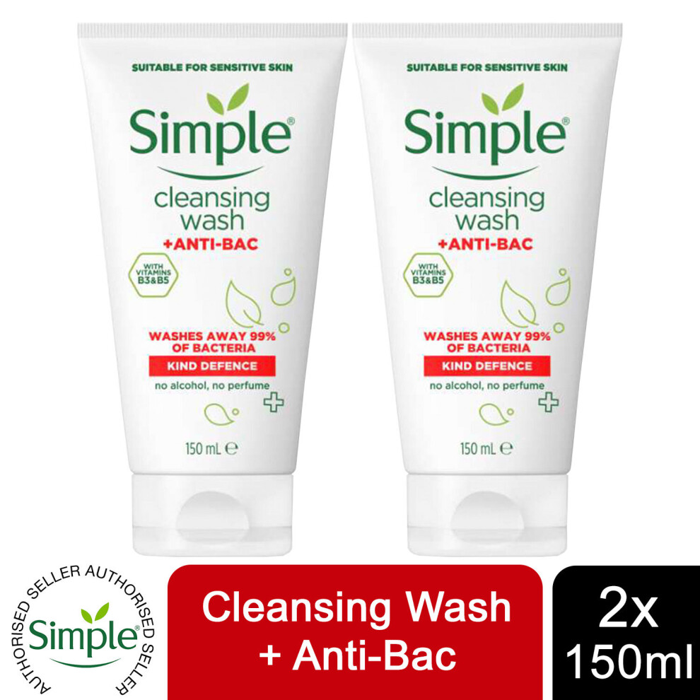 2 Pack of Simple Kind Defence +ANTI-BAC Cleansing Face Wash 150ml