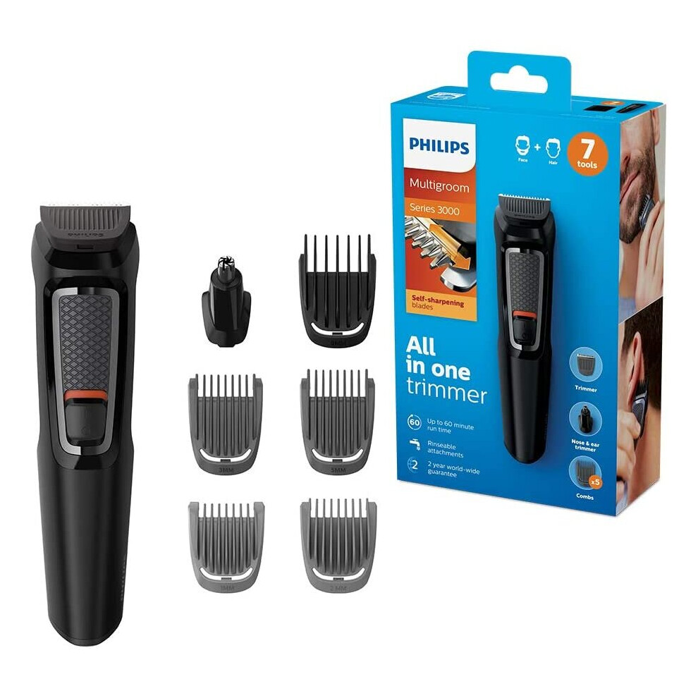 Philips 7-in-1 All-In-One Trimmer, Series 3000 Grooming Kit for Beard & Hair with 7 Attachments, Including Nose Trimmer, Self-Sharpening Bla