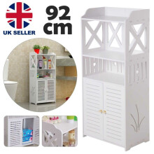 White Wooden Bathroom Cabinet - 3-Tier, 2-Door Standing Storage Shelf