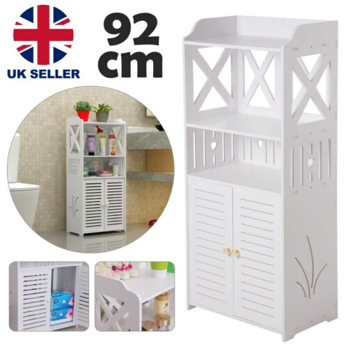 White Wooden Bathroom Cabinet - 3-Tier, 2-Door Standing Storage Shelf