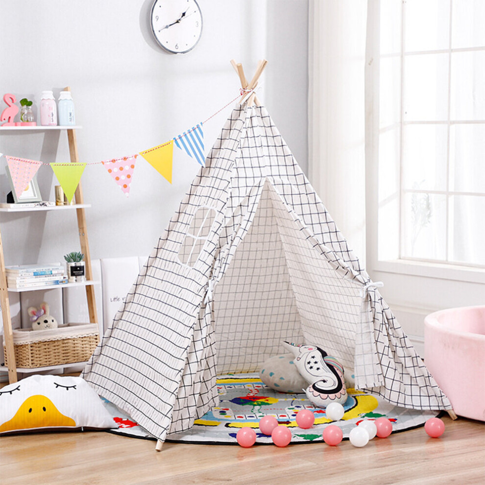 (White Grid) Fairy Children Kids Baby Teepee Wigwam Play Tent In/Outdoor Activity Playhouse