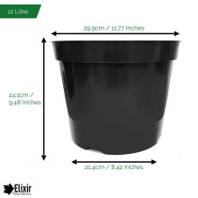 (12 Litre, 30) Elixir Gardens | Strong Black Plastic Plant Pot / Flower Pots / Seed Planter in Various Sizes