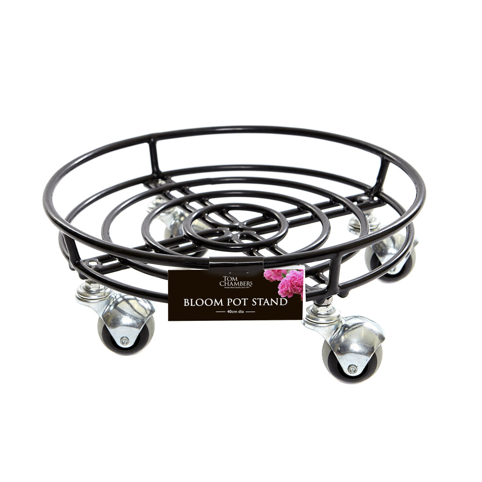 Pack of 2 Tom Chambers Handcrafted Heavy Duty Round Black Metal Garden Patio Plant Flower Pot Stand Caddy Trolley Dolly on Strong Castor Wheels 32cm