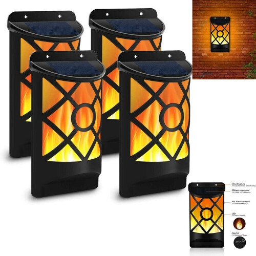4 x Solar Powered 66 LED Wall Lights with Dancing Flame, Auto On/Off, IP65 Outdoor Garden Lamps 4 x 66 LED Wall Light