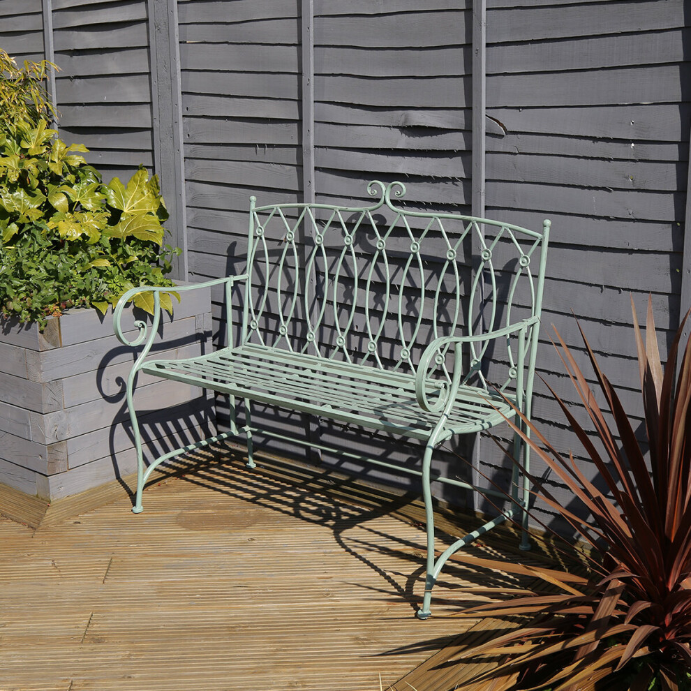 Charles Bentley Decorative Wrought Iron Outdoor Rustic Bench Garden 2 Seater with Elegant Curved Armrest - Sage Green