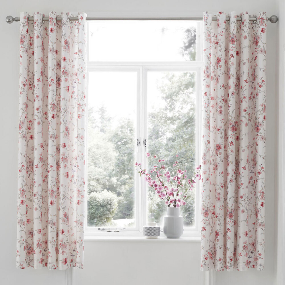 Catherine Lansfield Jasmine Floral Lined Eyelet Curtains, White, 66 x 72 Inch