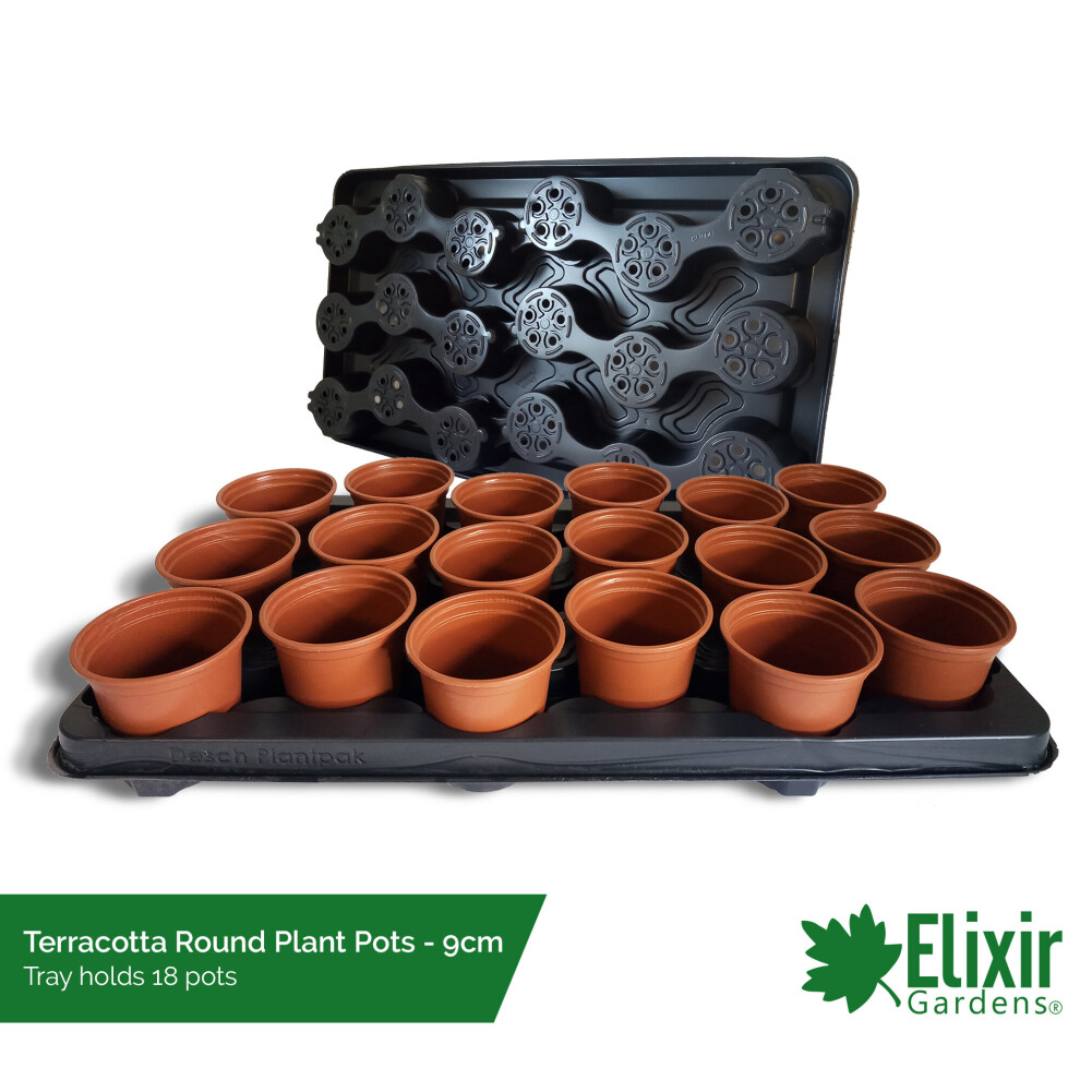 (9cm Round Terracotta, 3) Plastic Plant Pot + Carry Trays | Square and Round Pots | 7cm, 9cm, 10.5cm, 11cm, 12cm and 13cm sizes-image-OPC-P78MDV2-NEW