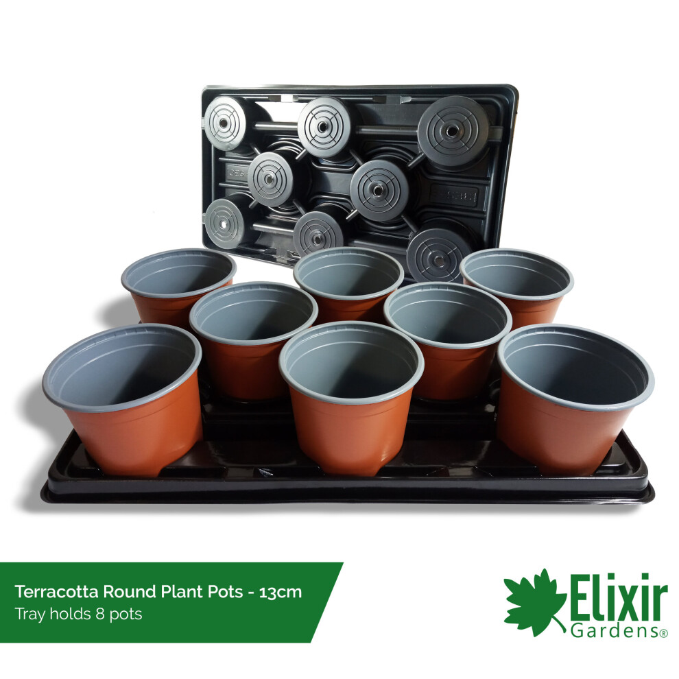 (13cm Round Terracotta / Grey, 100) Plastic Plant Pot + Carry Trays | Square and Round Pots | 7cm, 9cm, 10.5cm, 11cm, 12cm and 13cm sizes