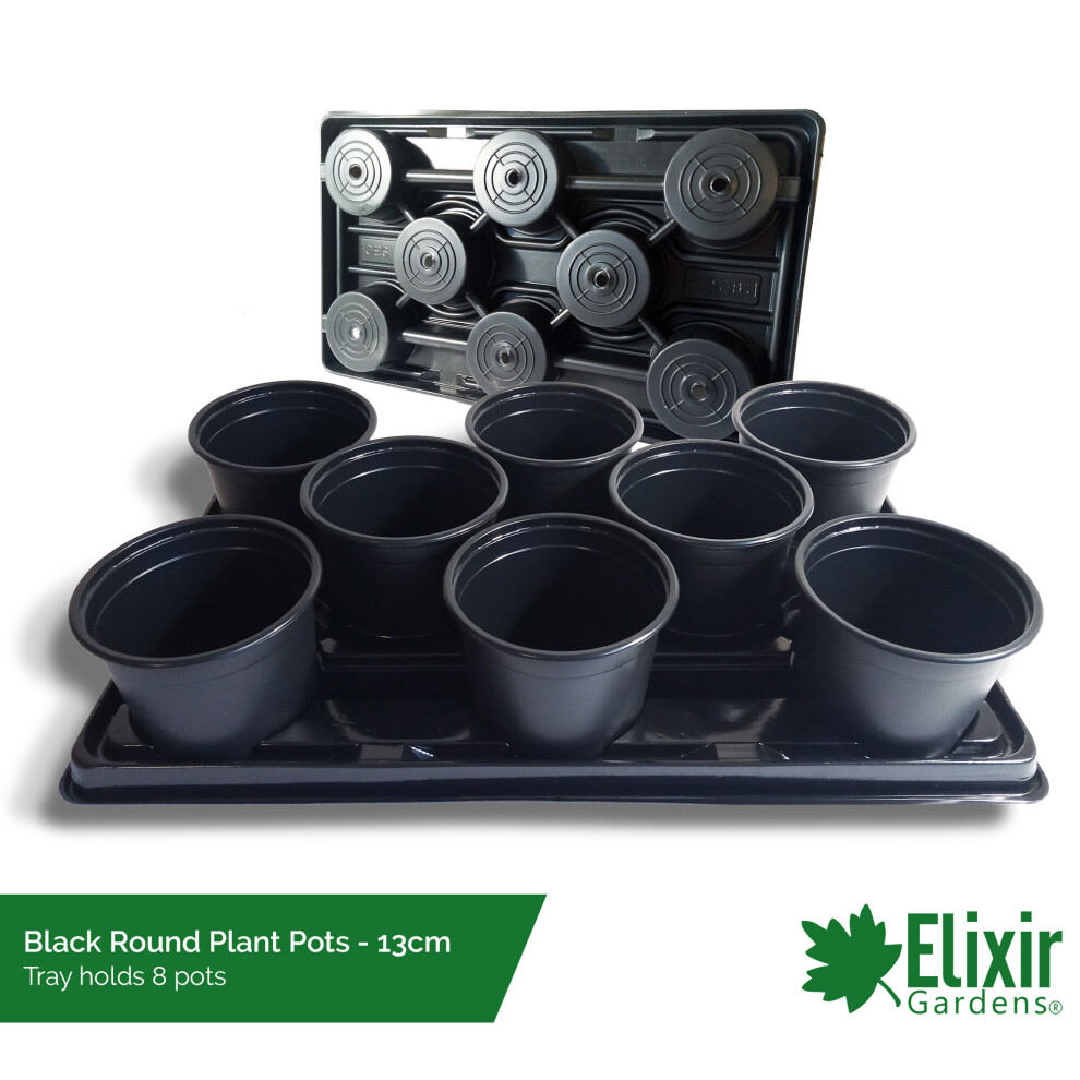 (13cm Round Black, 7) Plastic Plant Pot + Carry Trays | Square and Round Pots | 7cm, 9cm, 10.5cm, 11cm, 12cm and 13cm sizes