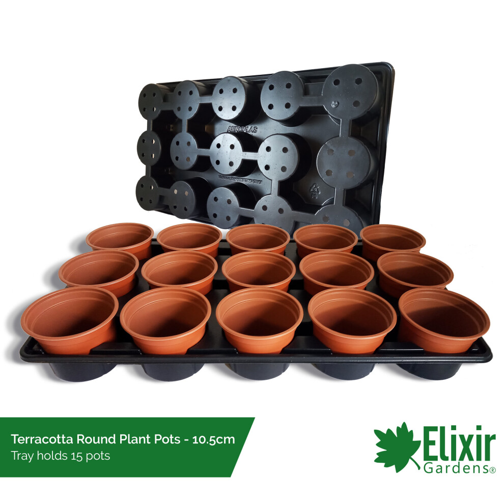 (10.5cm Round Terracotta, 35) Plastic Plant Pot + Carry Trays | Square and Round Pots | 7cm, 9cm, 10.5cm, 11cm, 12cm and 13cm sizes