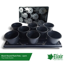 (13cm Round Black, 1) Plastic Plant Pot + Carry Trays | Square and Round Pots | 7cm, 9cm, 10.5cm, 11cm, 12cm and 13cm sizes