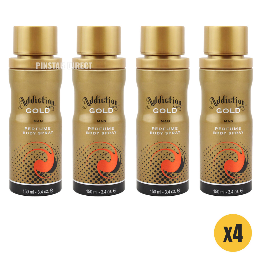 Addiction Gold Deodorant Mens Body Spray 150ml x4