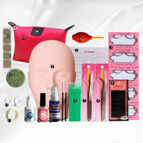 17Pcs Eyelash Extension Makeup Practice Mannequin Training Head Lash Starter Kit