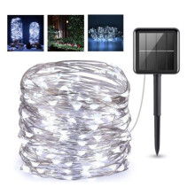 Guirlande lumineuse solaire de 100 LED blanc froid – 10 m, extérieure et étanche