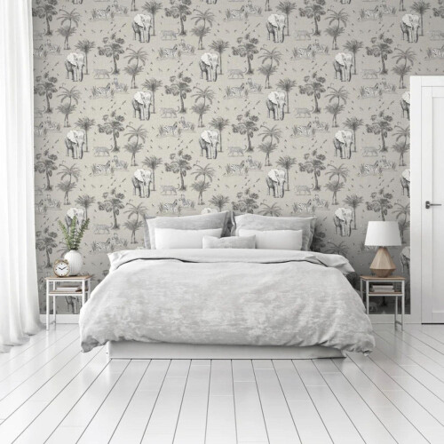 Arthouse Safari Lagoon Themed Wallpaper Grey Zebra Tiger Elephant Smooth Finish 1