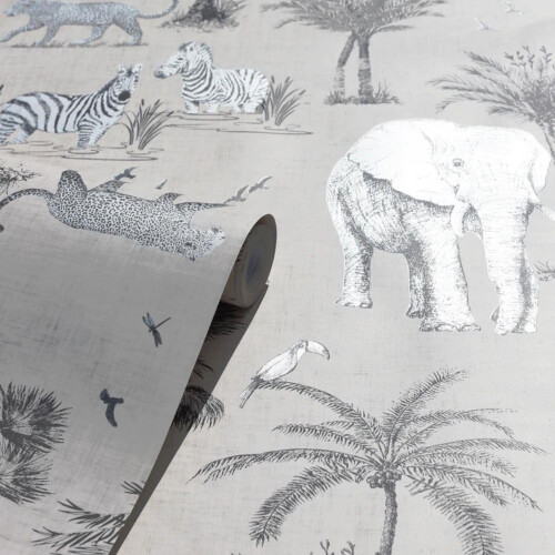Arthouse Safari Lagoon Themed Wallpaper Grey Zebra Tiger Elephant Smooth Finish 2