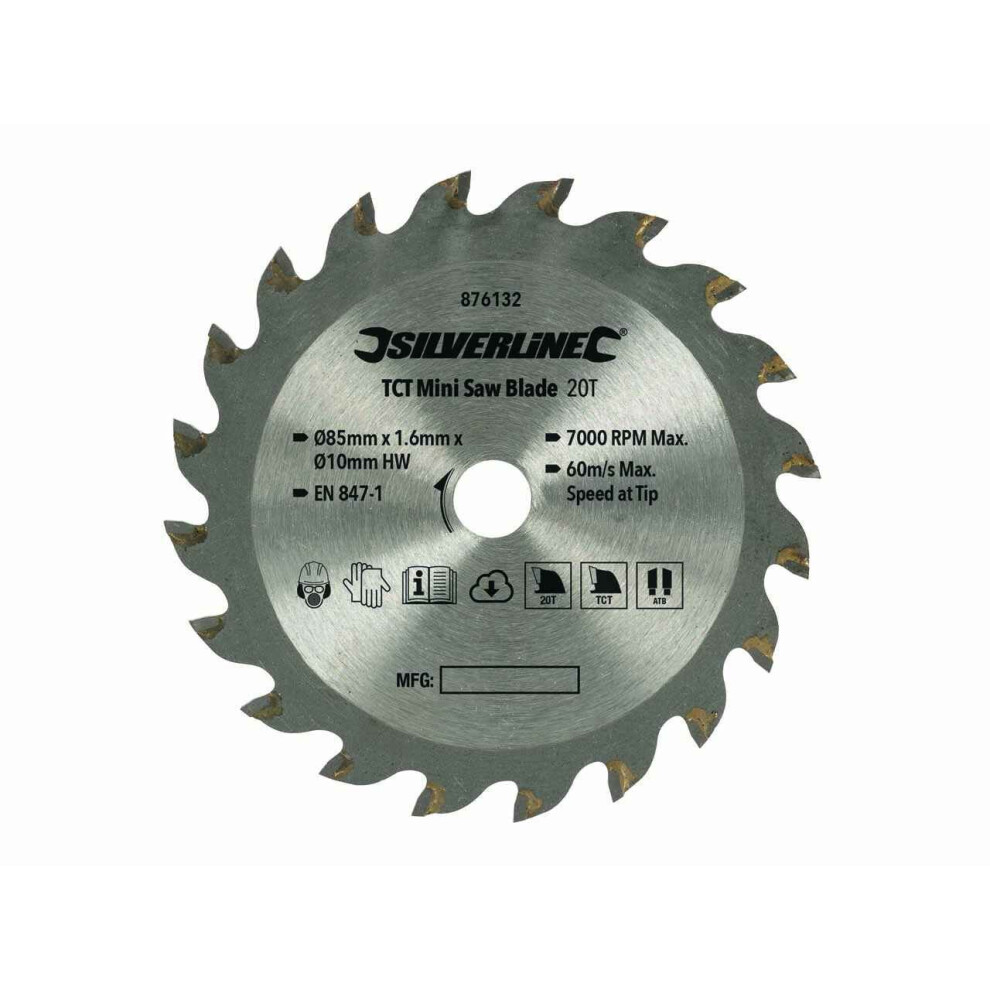 Silverline 876132 TCT Mini Saw Blade 85mm Dia - 10mm Bore - 20T