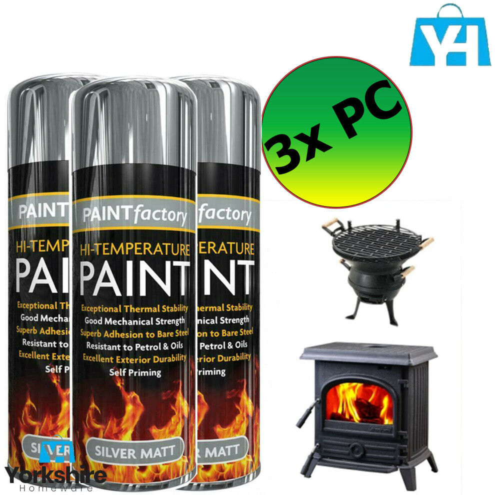 3X HIGH TEMPARATURE SPRAY PAINTS SILVER MATT HEAT RESISTANT BBQ STOVE 300ML