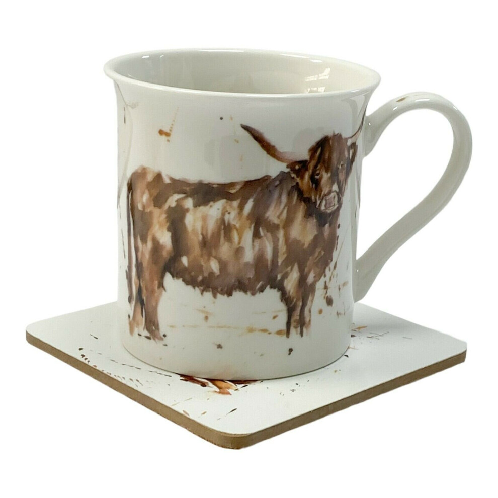 Jennifer Rose Highland Cow Fine China Coffee Mug Tea Cup Coaster Set